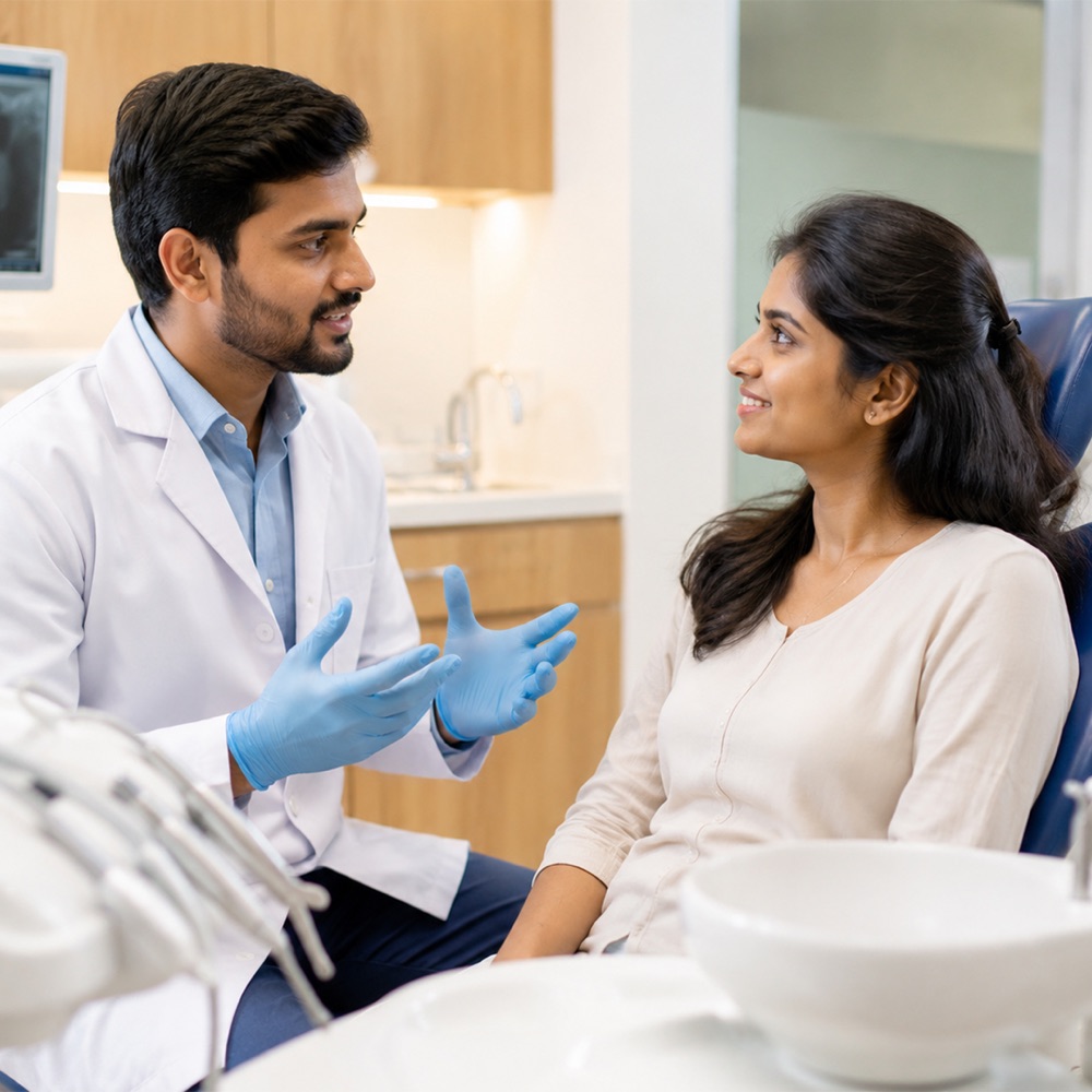 A dentist talking a seated patient through her treatment options