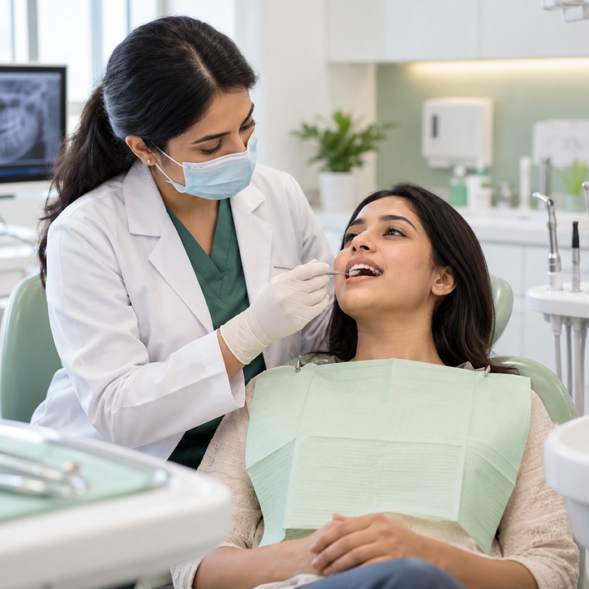 A dentist examining a patient's tooth with a mirror, her x-ray on the monitor alongside