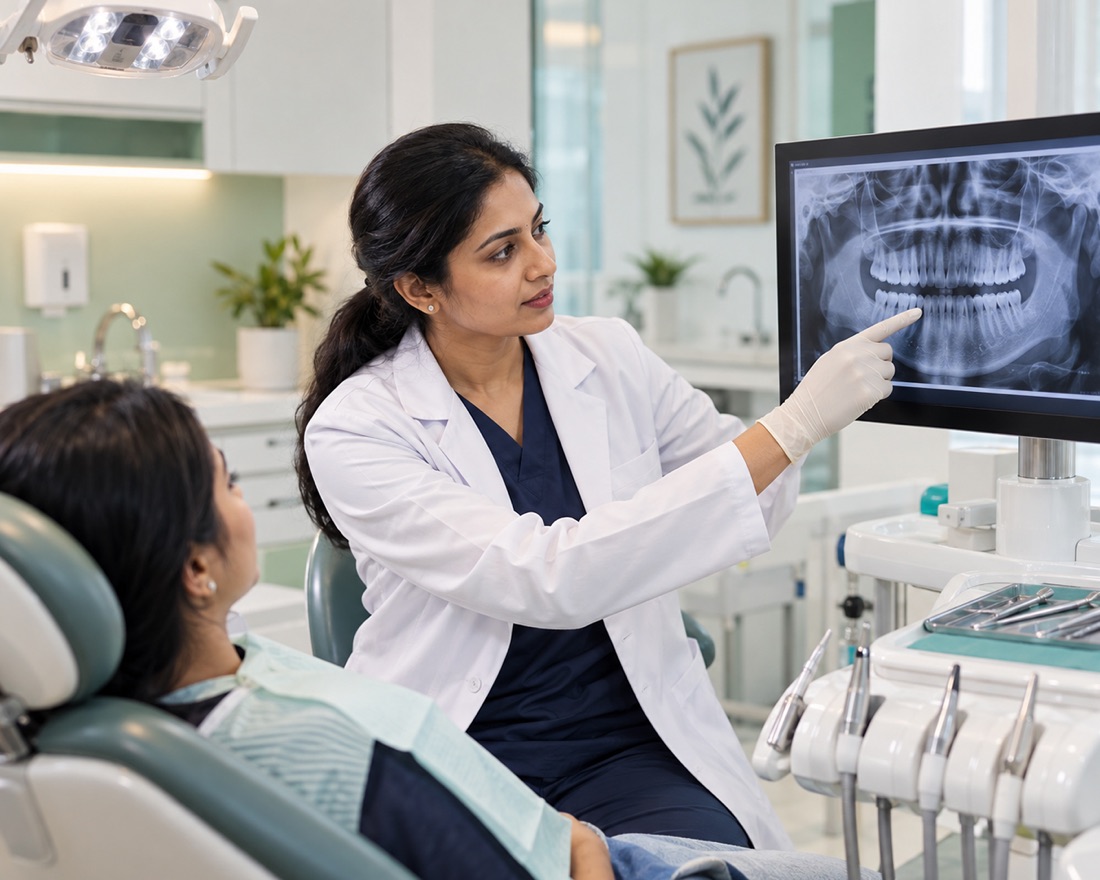 A dentist pointing out a tooth on the patient's panoramic x-ray while she watches from the chair