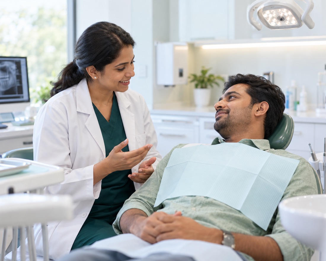 A dentist talking a reclined patient through what happens next, before treatment starts