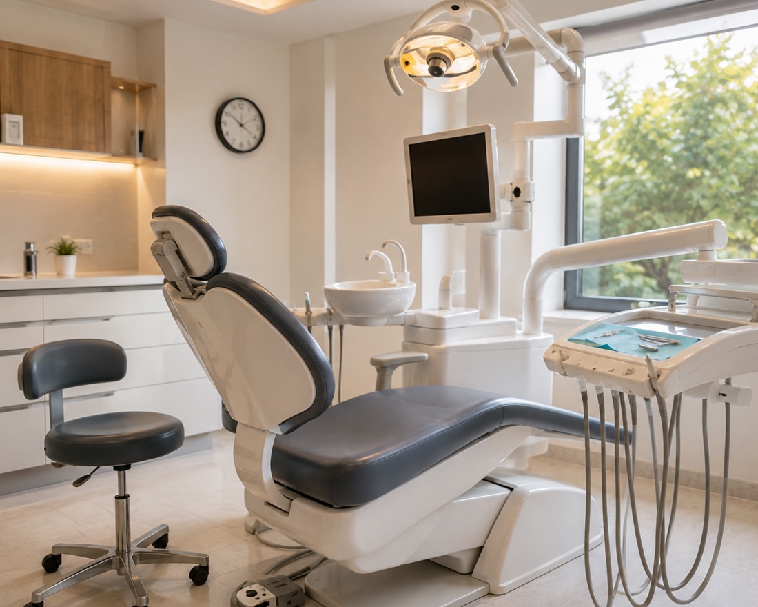 A treatment room prepared for the next appointment, clock on the wall and daylight through the window
