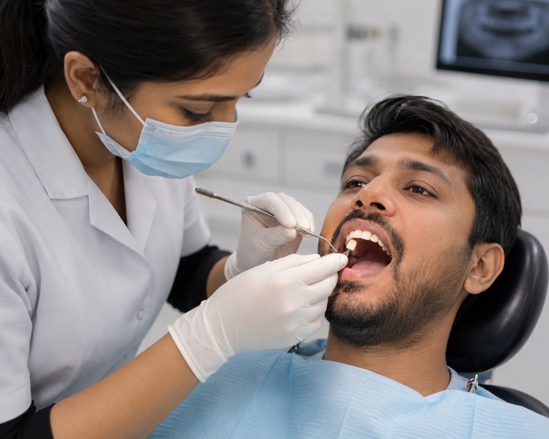 A dentist fitting a crown for a patient in the chair