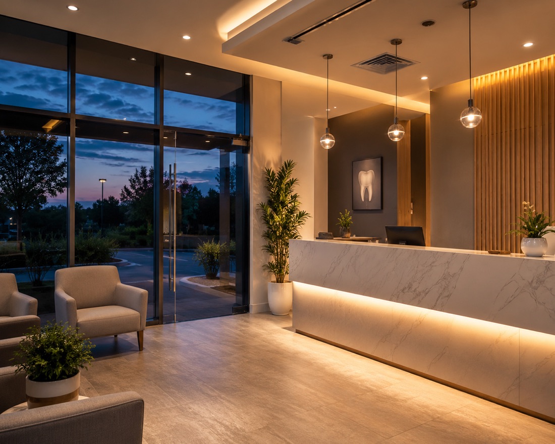 The clinic reception lit up in the evening, dusk sky through the glass front